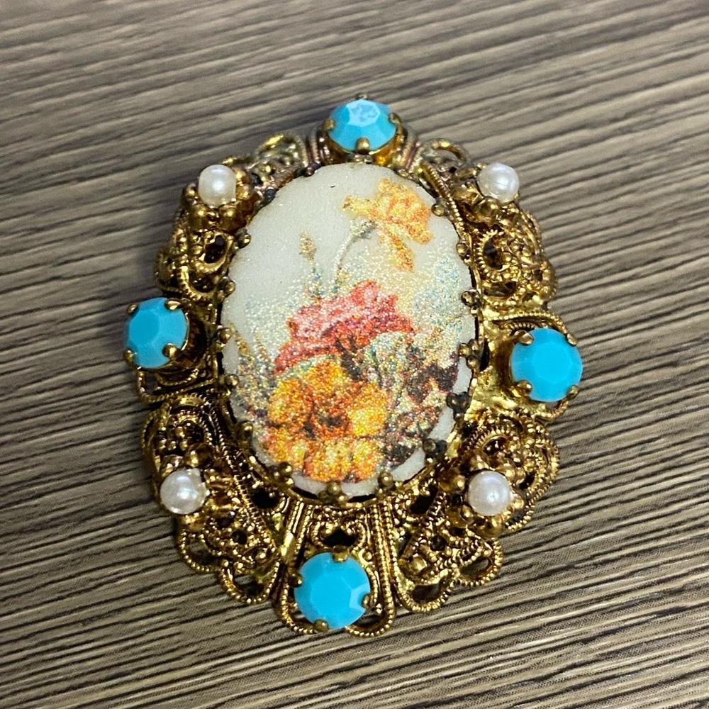 Vintage Sugar Glass Floral Gold Filigree and Turquoise Brooch Made in Germany